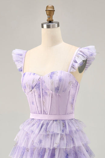 Lilac Corset Tiered Floral Short Prom Dress with Ruffles