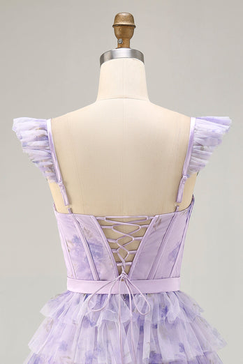 Lilac Corset Tiered Floral Short Prom Dress with Ruffles