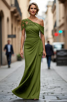 Load image into Gallery viewer, Dark Green One Shoulder Sheath Ruched Long Mother of the Bride Dress with Appliques
