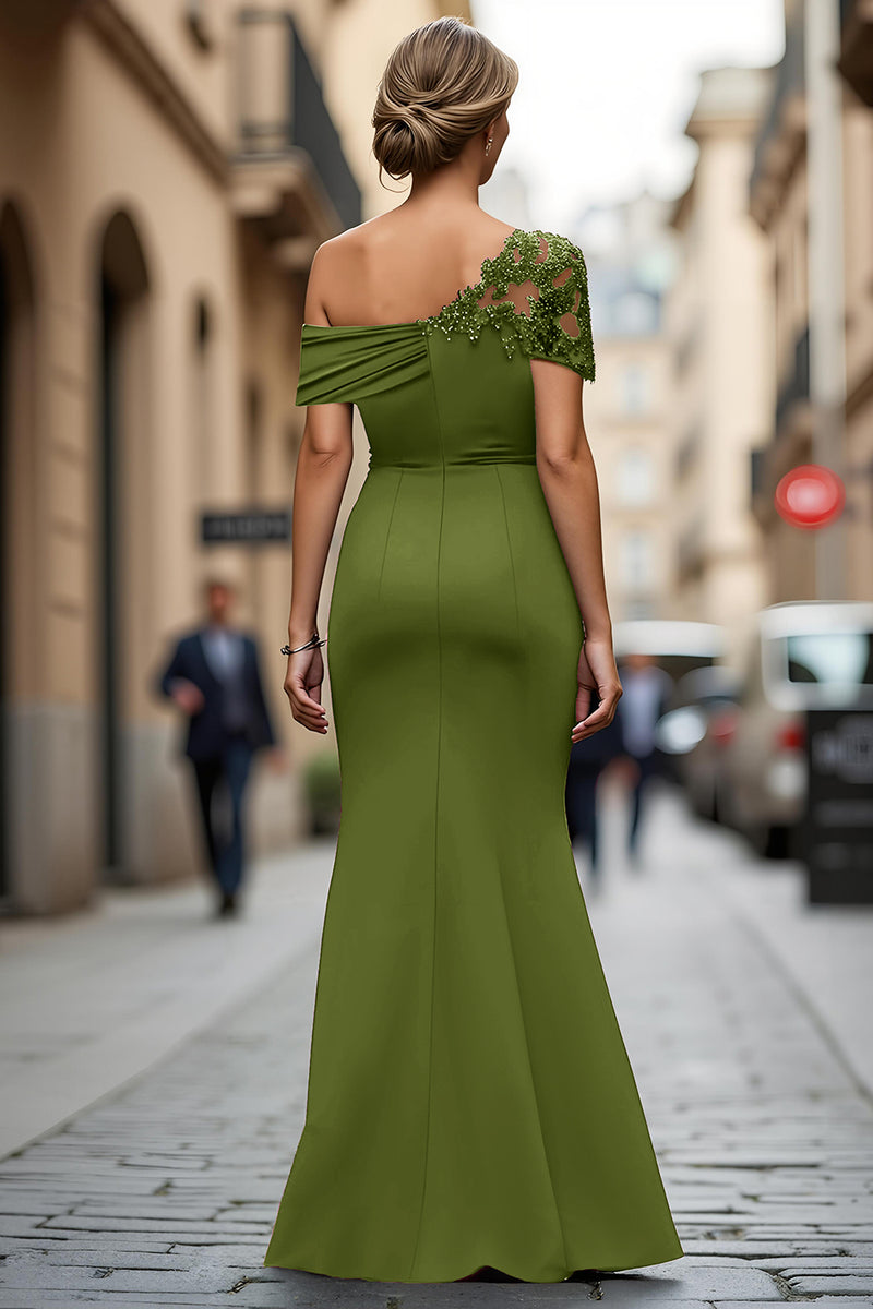 Load image into Gallery viewer, Dark Green One Shoulder Sheath Ruched Long Mother of the Bride Dress with Appliques
