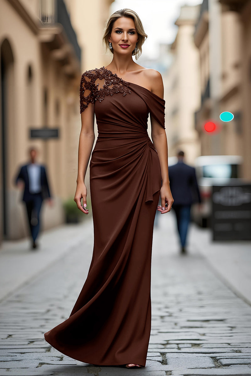 Load image into Gallery viewer, Dark Green One Shoulder Sheath Ruched Long Mother of the Bride Dress with Appliques