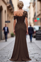 Load image into Gallery viewer, Dark Green One Shoulder Sheath Ruched Long Mother of the Bride Dress with Appliques