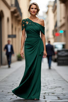 Load image into Gallery viewer, Dark Green One Shoulder Sheath Ruched Long Mother of the Bride Dress with Appliques