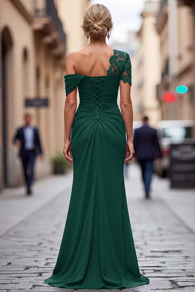 Load image into Gallery viewer, Dark Green One Shoulder Sheath Ruched Long Mother of the Bride Dress with Appliques