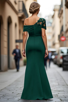 Dark Green One Shoulder Sheath Ruched Long Mother of the Bride Dress with Appliques