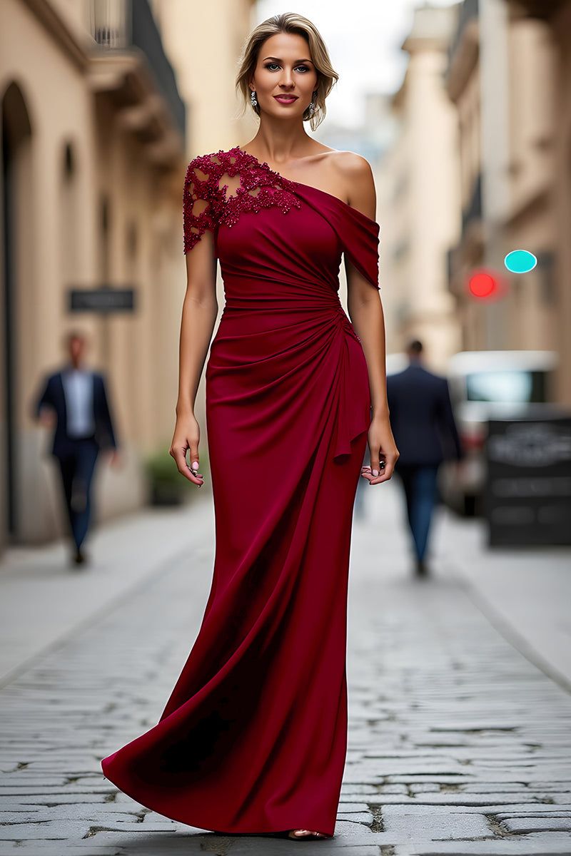 Load image into Gallery viewer, Dark Green One Shoulder Sheath Ruched Long Mother of the Bride Dress with Appliques