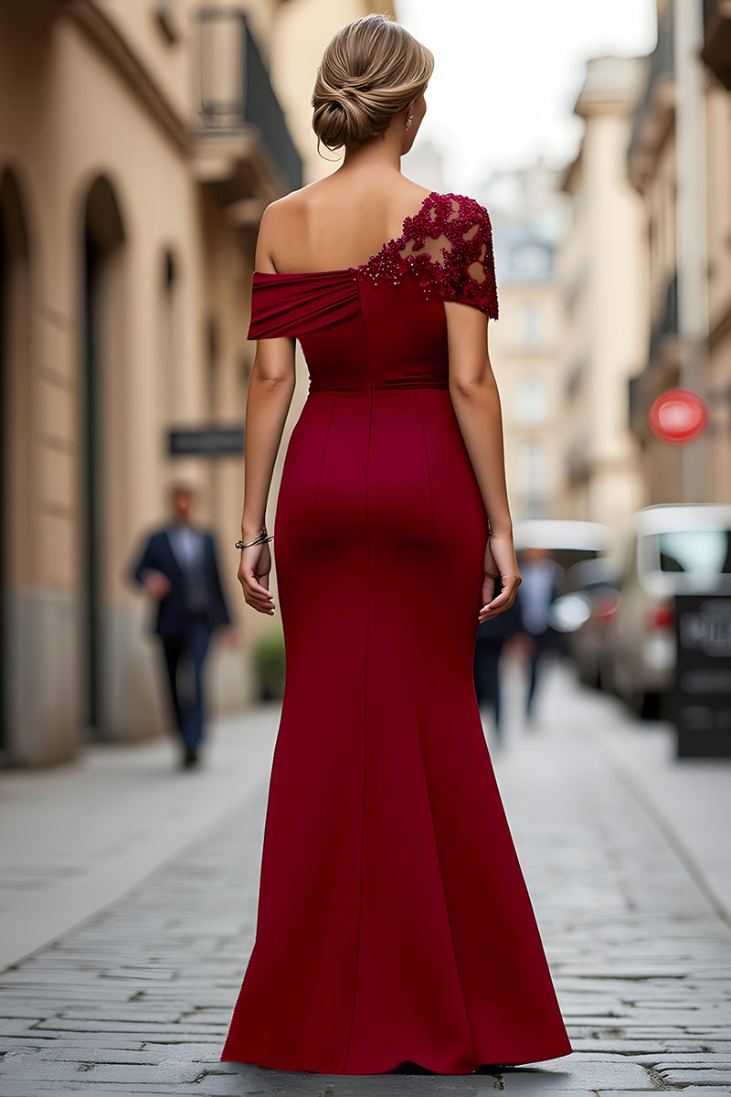 Load image into Gallery viewer, Dark Green One Shoulder Sheath Ruched Long Mother of the Bride Dress with Appliques