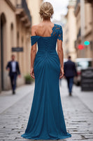 Load image into Gallery viewer, Dark Green One Shoulder Sheath Ruched Long Mother of the Bride Dress with Appliques