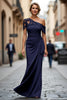 Load image into Gallery viewer, Dark Green One Shoulder Sheath Ruched Long Mother of the Bride Dress with Appliques