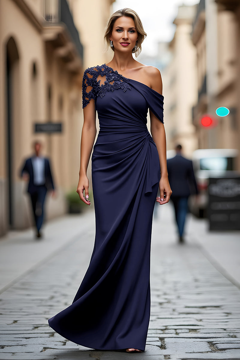 Load image into Gallery viewer, Dark Green One Shoulder Sheath Ruched Long Mother of the Bride Dress with Appliques
