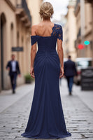 Load image into Gallery viewer, Dark Green One Shoulder Sheath Ruched Long Mother of the Bride Dress with Appliques