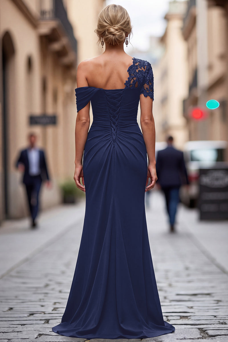 Load image into Gallery viewer, Dark Green One Shoulder Sheath Ruched Long Mother of the Bride Dress with Appliques