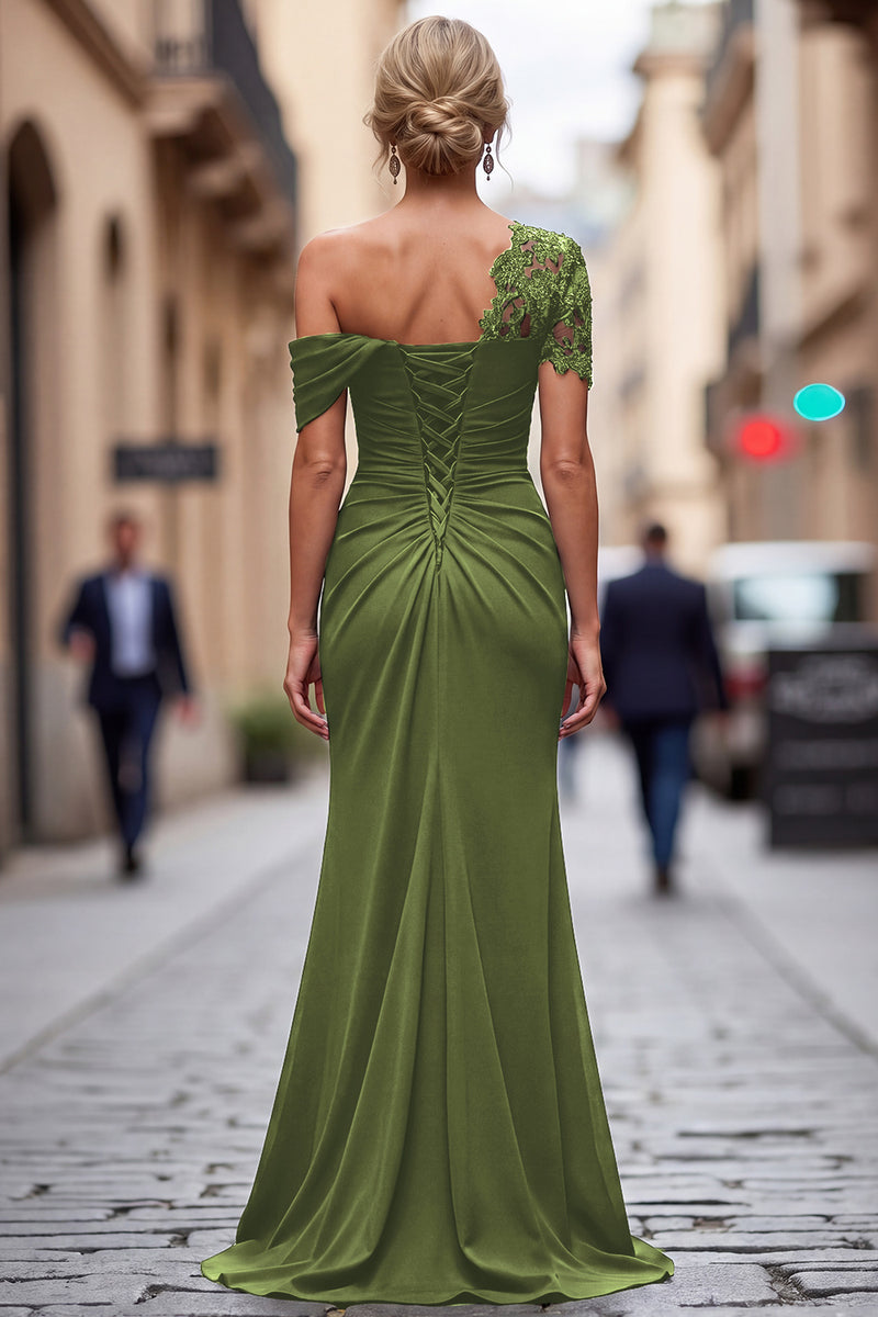 Load image into Gallery viewer, Dark Green One Shoulder Sheath Ruched Long Mother of the Bride Dress with Appliques