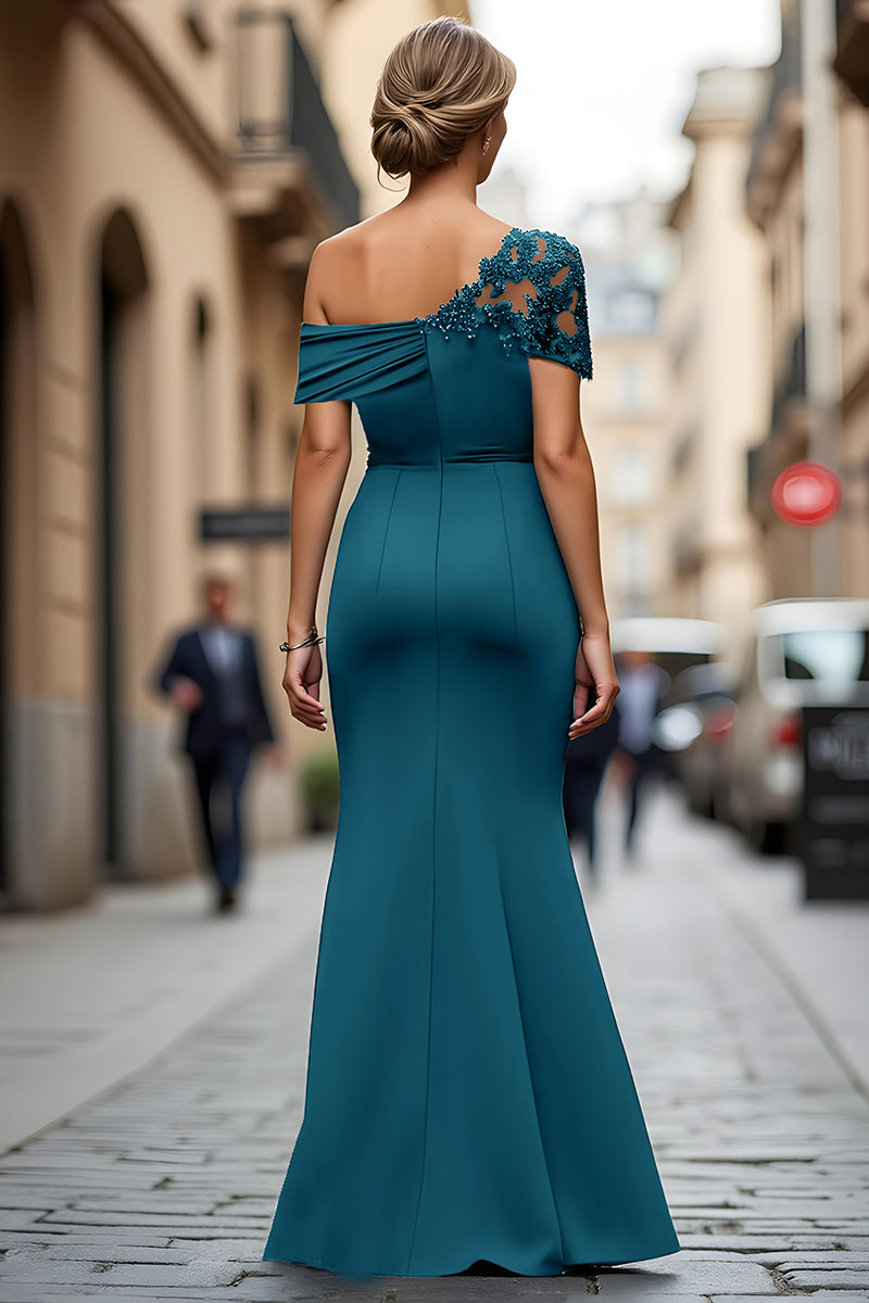 Load image into Gallery viewer, Dark Green One Shoulder Sheath Ruched Long Mother of the Bride Dress with Appliques