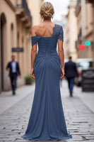 Load image into Gallery viewer, Dark Green One Shoulder Sheath Ruched Long Mother of the Bride Dress with Appliques