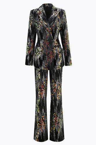 Sparkly 2 Piece Black Sequin Peak Lapel Women Prom Suits