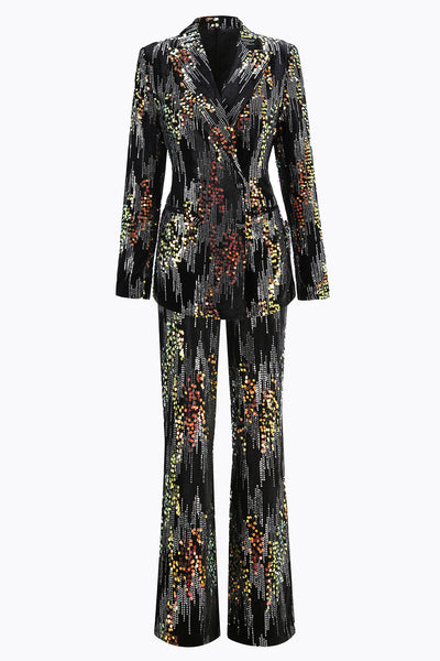 Sparkly 2 Piece Black Sequin Peak Lapel Women Prom Suits