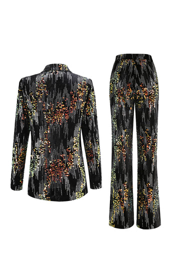 Sparkly 2 Piece Black Sequin Peak Lapel Women Prom Suits