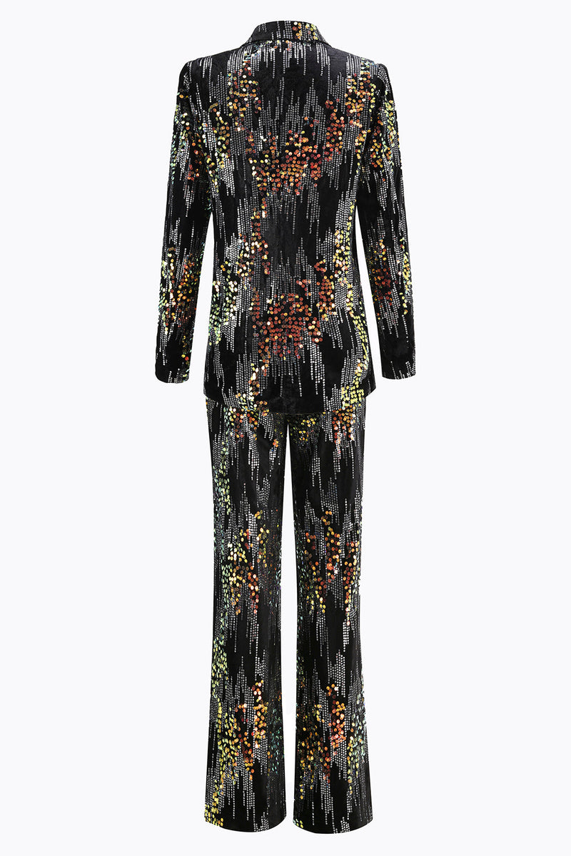 Load image into Gallery viewer, Sparkly 2 Piece Black Sequin Peak Lapel Women Prom Suits