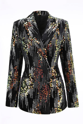 Sparkly 2 Piece Black Sequin Peak Lapel Women Prom Suits