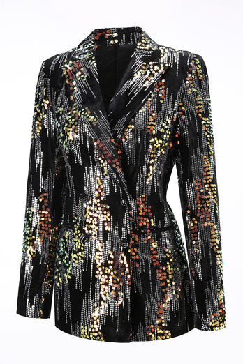 Sparkly 2 Piece Black Sequin Peak Lapel Women Prom Suits