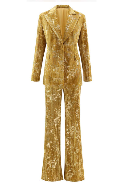 Women Sparkly 2 Piece Yellow Jacquard Prom Suits Peak Lapel One Button Party Tuxedo