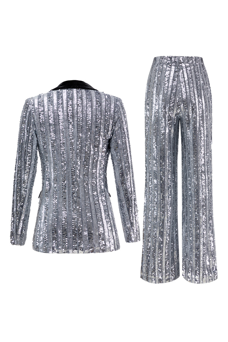 Load image into Gallery viewer, Sparkly 2 Piece Silver Peak Lapel Women Prom Suits