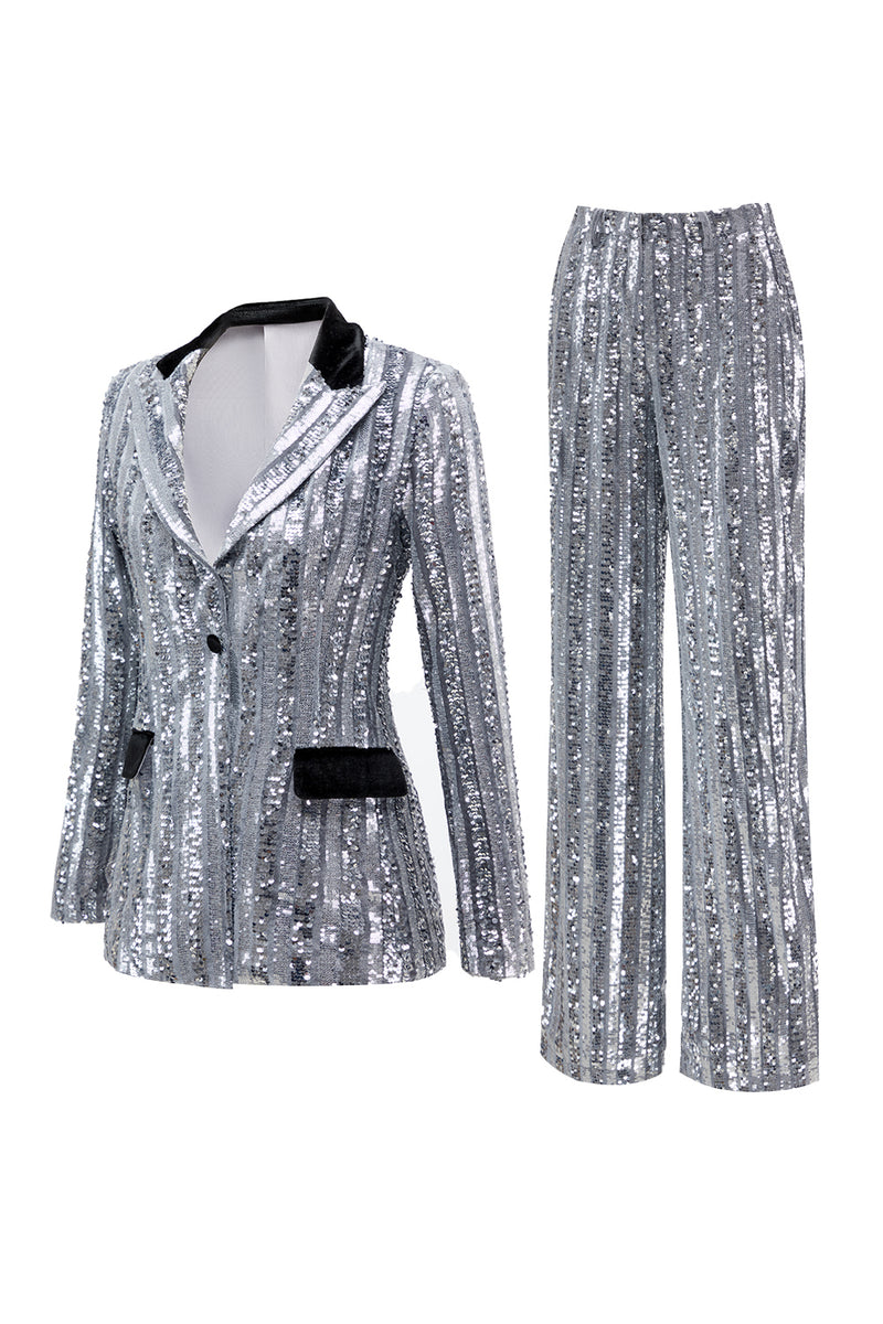 Load image into Gallery viewer, Sparkly 2 Piece Silver Peak Lapel Women Prom Suits