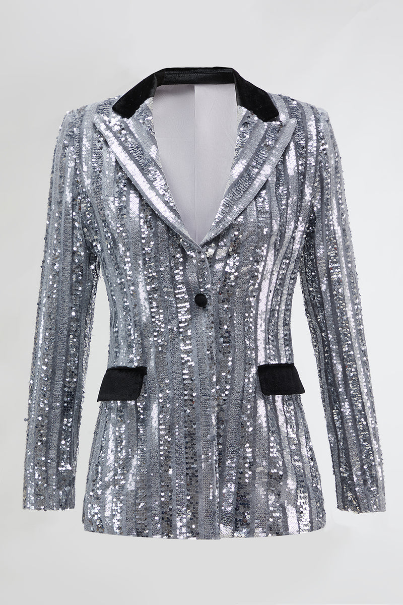 Load image into Gallery viewer, Sparkly 2 Piece Silver Peak Lapel Women Prom Suits