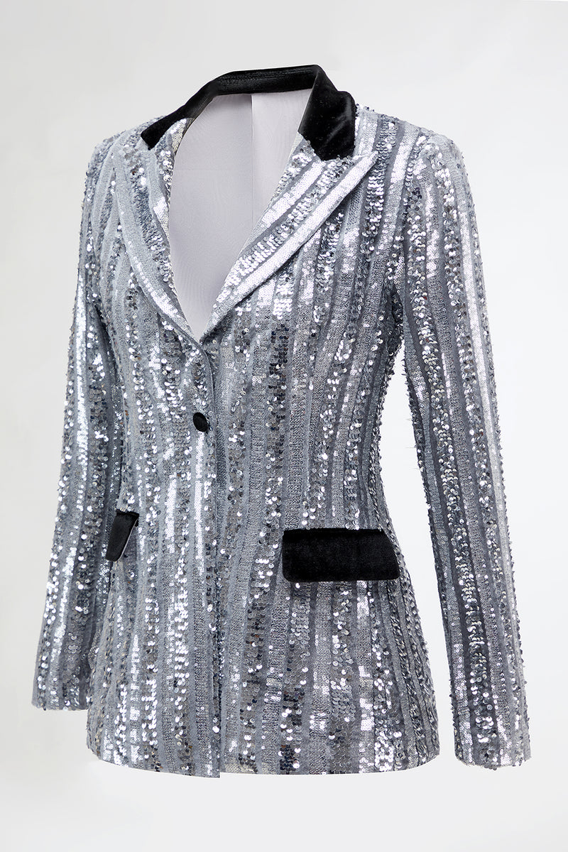 Load image into Gallery viewer, Sparkly 2 Piece Silver Peak Lapel Women Prom Suits