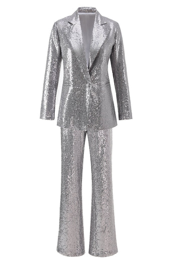 2 Piece Sparkly Silver Notched Lapel Sequin Women Prom Suits