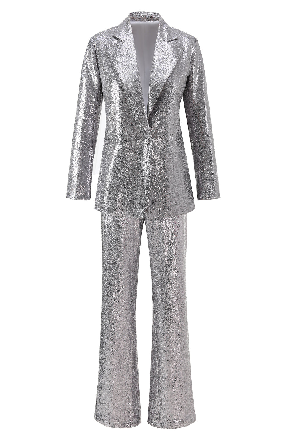 2 Piece Sparkly Silver Notched Lapel Sequin Women Prom Suits