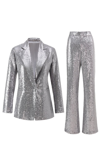 2 Piece Sparkly Silver Notched Lapel Sequin Women Prom Suits