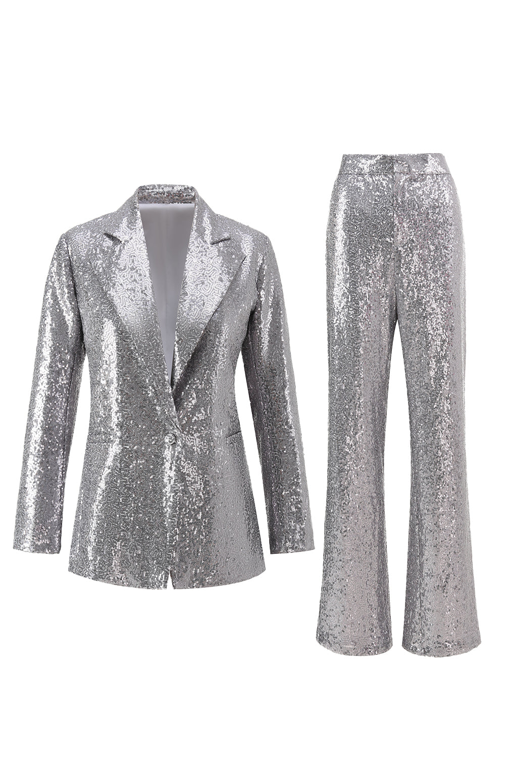 2 Piece Sparkly Silver Notched Lapel Sequin Women Prom Suits