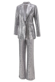2 Piece Sparkly Silver Notched Lapel Sequin Women Prom Suits