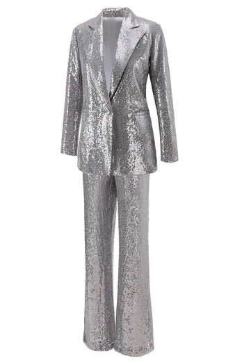 2 Piece Sparkly Silver Notched Lapel Sequin Women Prom Suits