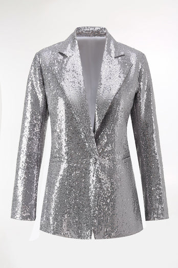 2 Piece Sparkly Silver Notched Lapel Sequin Women Prom Suits