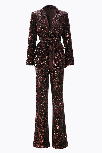 2 Piece Sparkly Coffee Sequin Peak Lapel Women Prom Suits with Sash