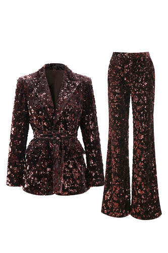 2 Piece Sparkly Coffee Sequin Peak Lapel Women Prom Suits with Sash