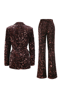 2 Piece Sparkly Coffee Sequin Peak Lapel Women Prom Suits with Sash