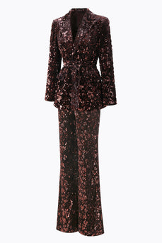 2 Piece Sparkly Coffee Sequin Peak Lapel Women Prom Suits with Sash
