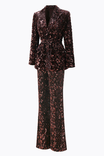2 Piece Sparkly Coffee Sequin Peak Lapel Women Prom Suits with Sash