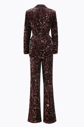 2 Piece Sparkly Coffee Sequin Peak Lapel Women Prom Suits with Sash