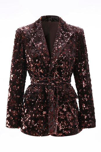 2 Piece Sparkly Coffee Sequin Peak Lapel Women Prom Suits with Sash