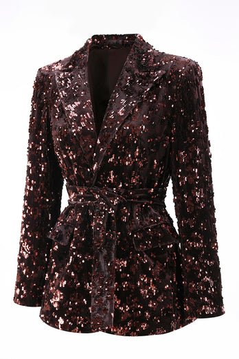 2 Piece Sparkly Coffee Sequin Peak Lapel Women Prom Suits with Sash