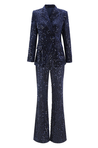 2 Piece Sparkly Navy Peak Lapel Sequin Women Prom Suits