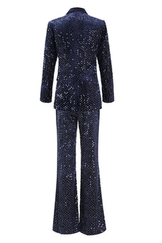 2 Piece Sparkly Navy Peak Lapel Sequin Women Prom Suits