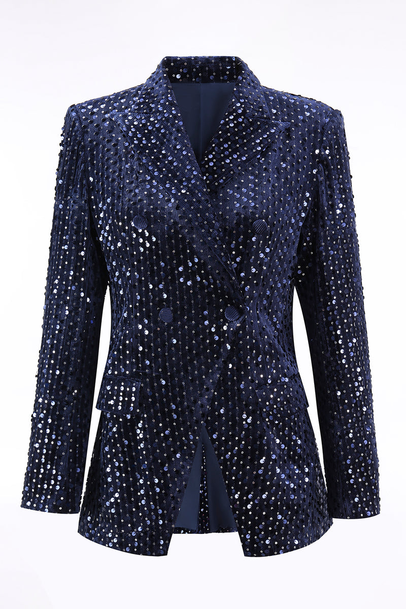 Load image into Gallery viewer, 2 Piece Sparkly Navy Peak Lapel Sequin Women Prom Suits
