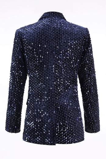 2 Piece Sparkly Navy Peak Lapel Sequin Women Prom Suits