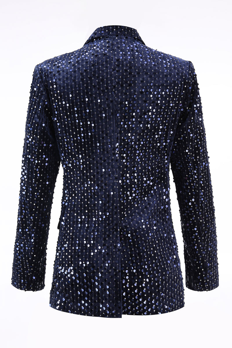Load image into Gallery viewer, 2 Piece Sparkly Navy Peak Lapel Sequin Women Prom Suits